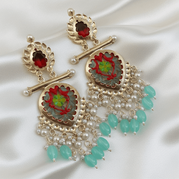 Tessara Gold-Plated Multicolor Meenakari Earrings with Sea Green Beaded Tassels