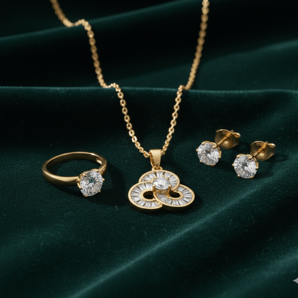 Tessara Gold-Plated Zirconia Floral & Solitaire Pendant Set