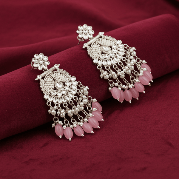 Tessara Silver-Plated Kundan Chandelier Earrings with Dusty Pink Beads