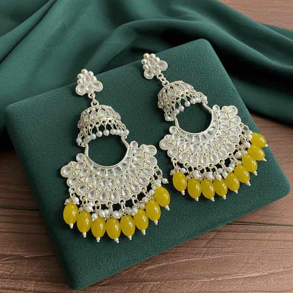Tessara Gold-Plated Kundan Chandbali Earrings with Yellow Beads