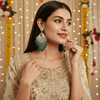 Tessara Silver-Plated Kundan Teardrop Earrings with Bottle Green Beaded Fringe