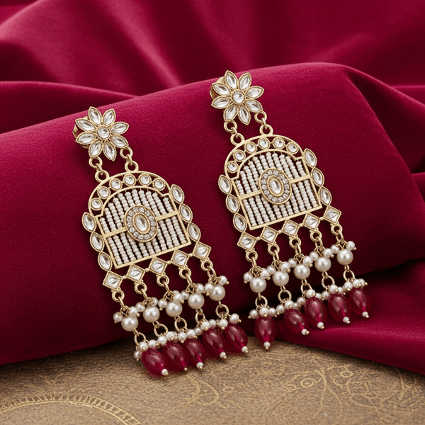 Tessara Gold-Plated Kundan Chandelier Earrings with Maroon Beads