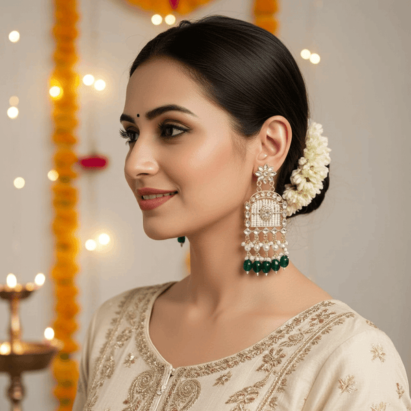 Tessara Gold-Plated Kundan Chandelier Earrings with Green Beads