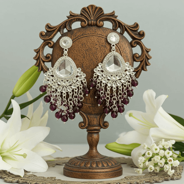 Tessara Silver-Plated Kundan Chandelier Earrings with Wine Beaded Tassels