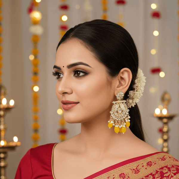 Tessara Gold-Plated Kundan & Pearl Chandbali Earrings with Yellow Beads