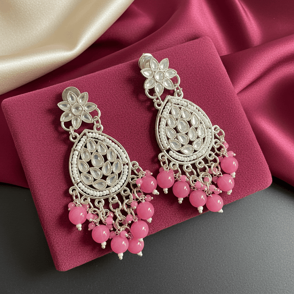 Tessara Silver Kundan Danglers with Rani Pink Beads