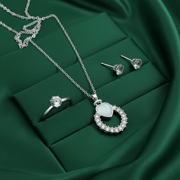 Tessara Silver-Plated White Halo Heart & Solitaire Pendant Set with Ring