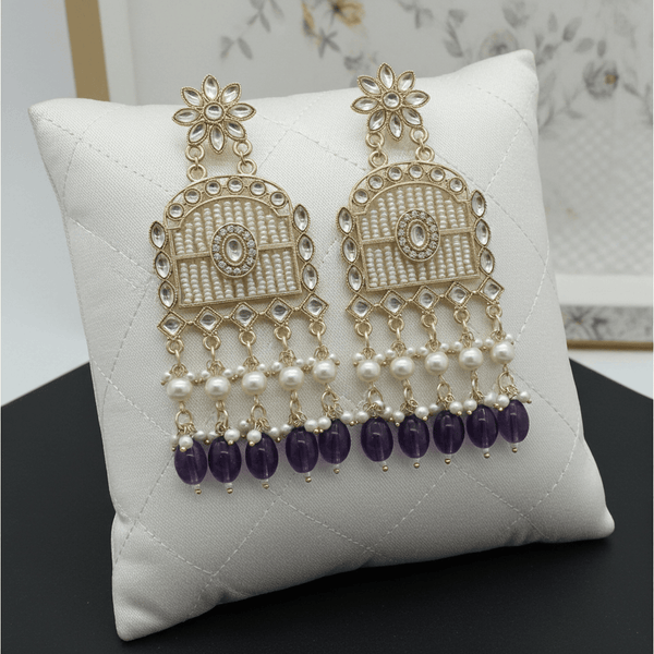 Tessara Gold-Plated Kundan Chandelier Earrings with Purple Beads