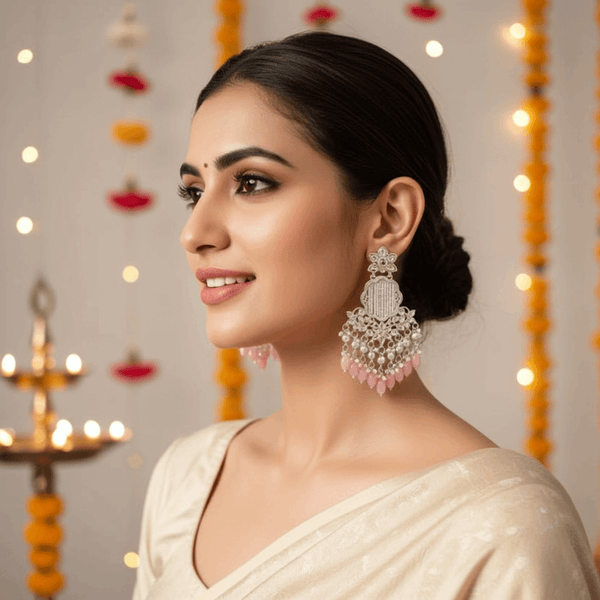 Tessara Silver Pearl Woven Danglers with Pink Beads