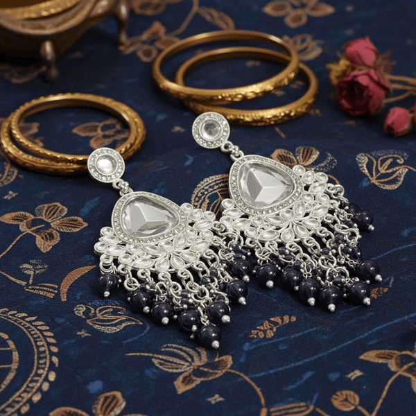 Tessara Silver-Plated Kundan Chandelier Earrings with Purple Beaded Tassels