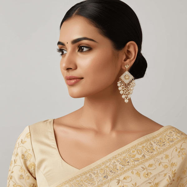 Tessara Gold-Plated Pearl Woven Diamond Chandelier Earrings in White