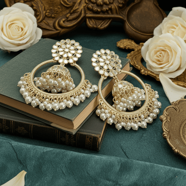 Tessara Gold Kundan & Pearl Bali Jhumki Earrings