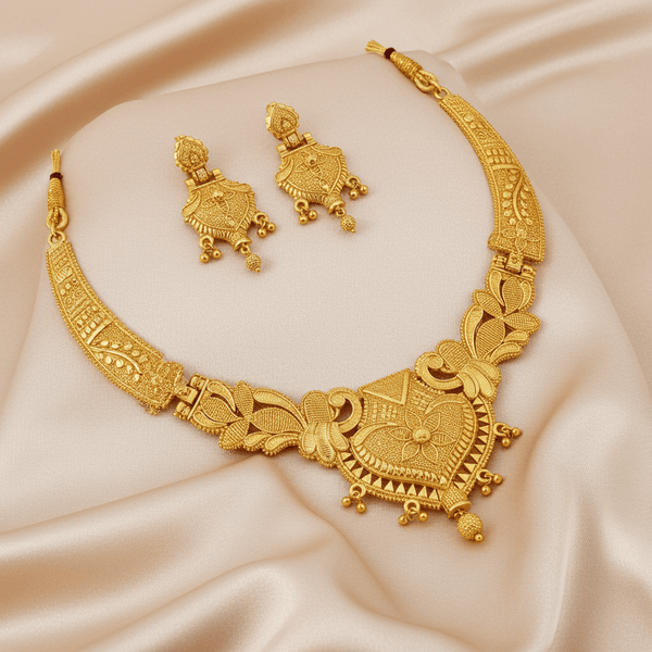 Exquisite Traditional Gold-Plated Necklace & Earrings Set – Heritage Elegance - by Tessara