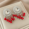 Tessara Silver-Plated Kundan Drop Earrings with Coral Red Beaded Fringe