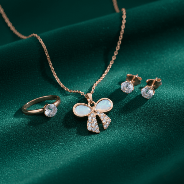 Tessara Rose Gold-Plated Translucent Stone Bow & Zirconia Pendant Set