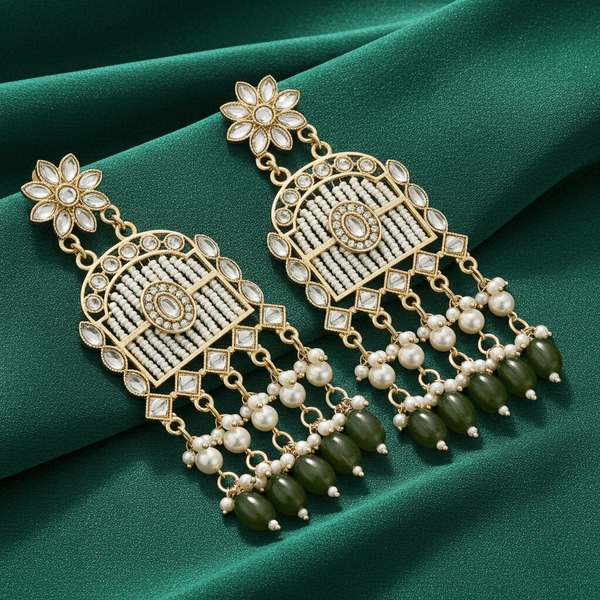Tessara Gold-Plated Kundan Chandelier Earrings with Bottle Green Beads