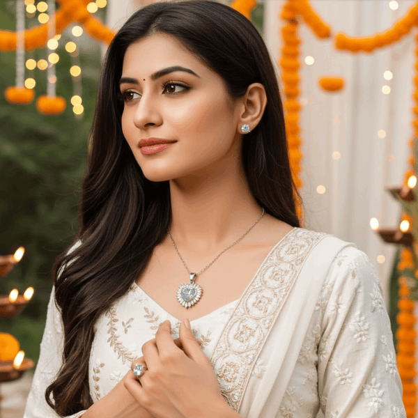 Tessara Silver-Plated Aqua Blue Baguette Heart Pendant Set with Ring