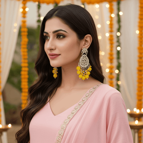 Tessara Silver Kundan Teardrop Danglers with Yellow Beads