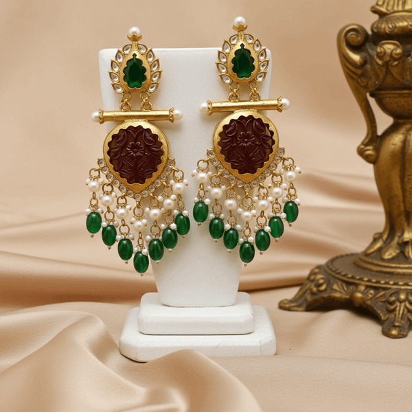 Tessara Gold-Plated Carved Stone & Pearl Drop Earrings in Maroon & Green