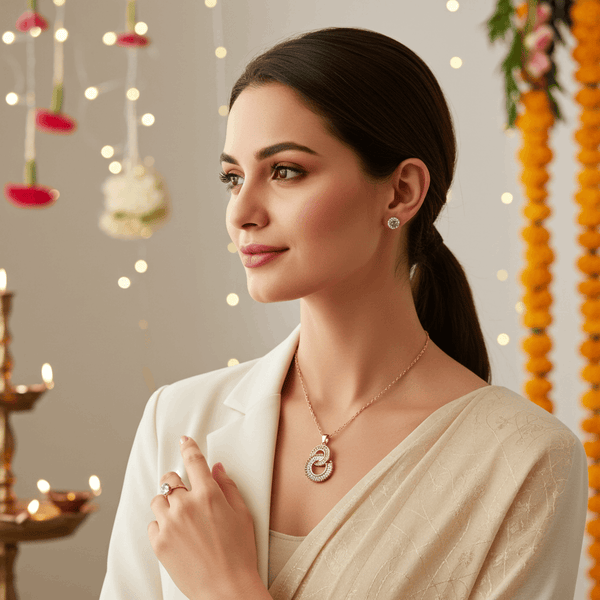 Tessara Rose Gold-Plated AD-Studded Interlocking Pendant Set with Ring