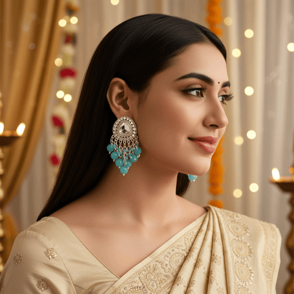 Tessara Silver-Plated Kundan Drop Earrings with Sky Blue Beaded Fringe