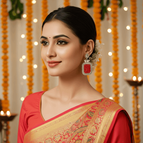 Tessara Silver-Plated Kundan Drop Earrings with Carved Coral Red Stone