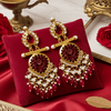 Tessara Gold Carved Stone & Pearl Danglers in Maroon