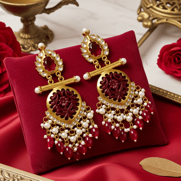 Tessara Gold Carved Stone & Pearl Danglers in Maroon