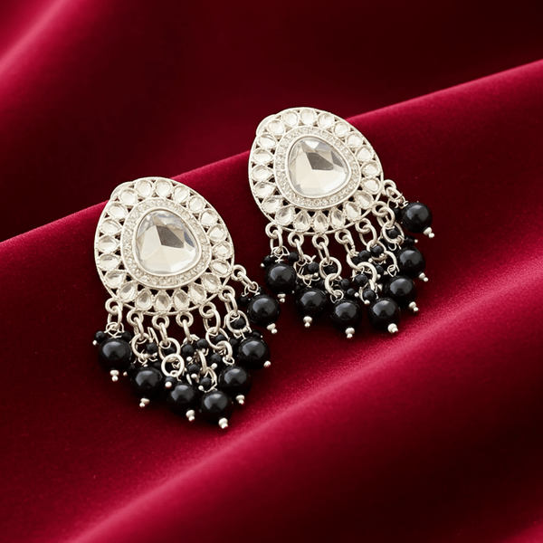 Tessara Silver-Plated Kundan Drop Earrings with Black Beaded Fringe