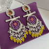 Tessara Silver-Plated Multicolor Carved Stone Earrings with Yellow Beaded Tassels