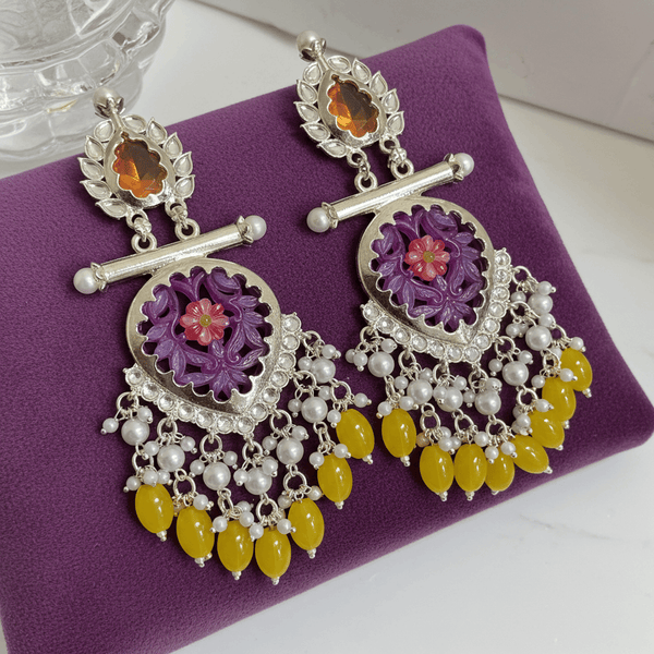 Tessara Silver-Plated Multicolor Carved Stone Earrings with Yellow Beaded Tassels