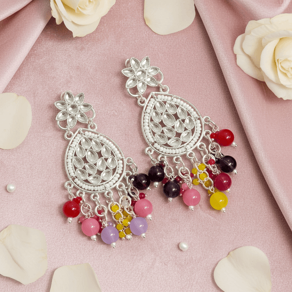 Tessara Silver-Plated Kundan Teardrop Earrings with Multicolor Beaded Fringe