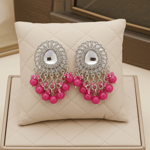 Tessara Gold-Plated Kundan Drop Earrings with Rani Pink Beaded Fringe