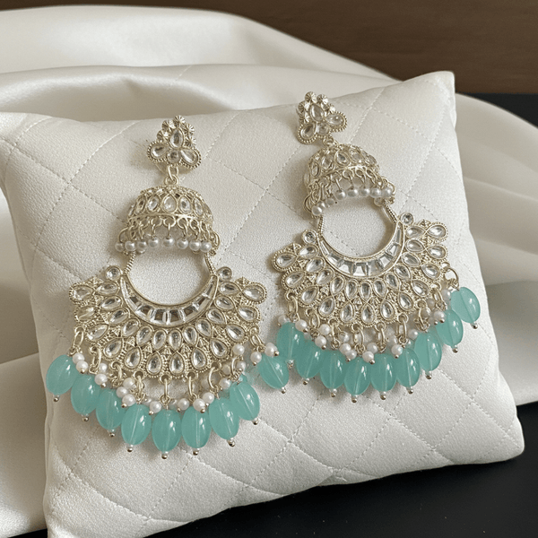 Tessara Gold Kundan Pearl Chandbali with Sea Green Beads