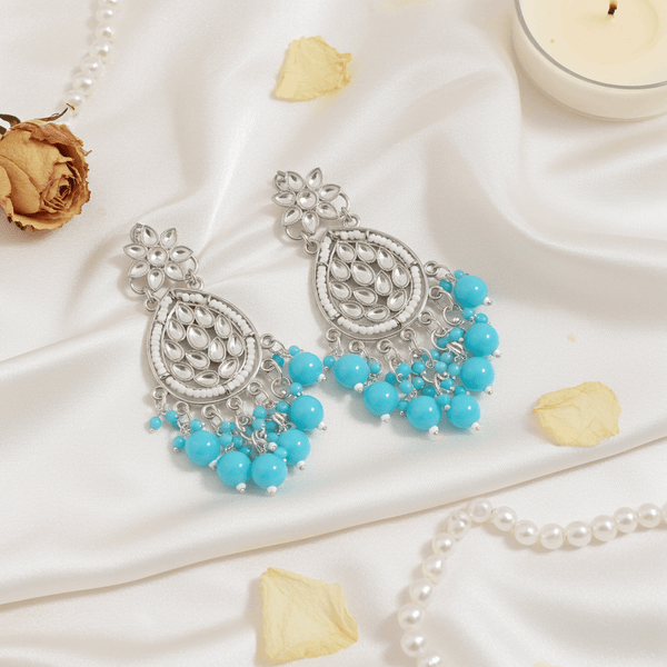 Tessara Silver Kundan Teardrop Danglers with Sky Blue Beads