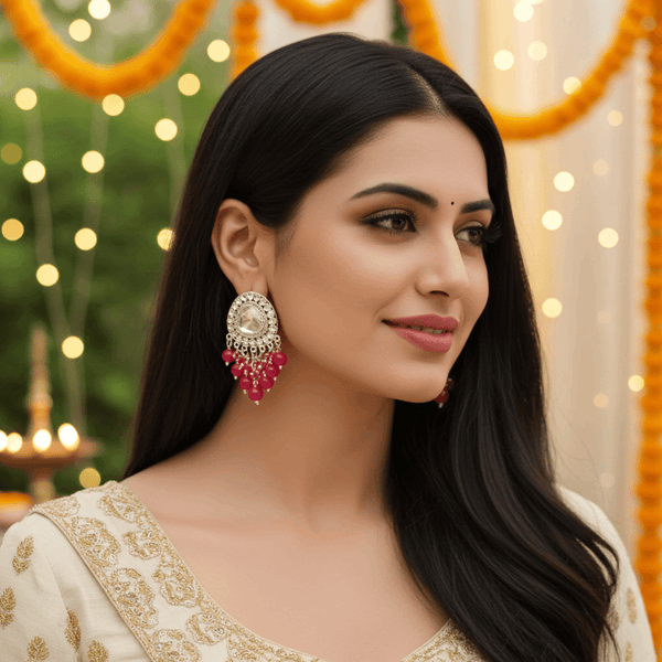 Tessara Silver-Plated Kundan Drop Earrings with Rani Pink Beaded Fringe