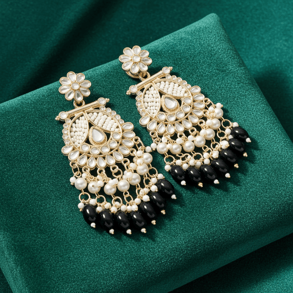 Tessara Gold-Plated Kundan & Pearl Chandbali Earrings with Black Beads