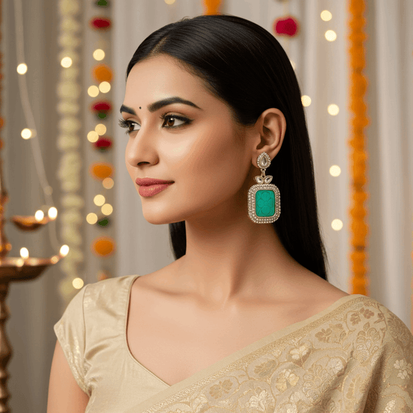 Tessara Silver-Plated Kundan Drop Earrings with Carved Sea Green Stone