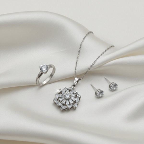 Tessara Silver Floral Zirconia Pendant Set with Solitaire Ring