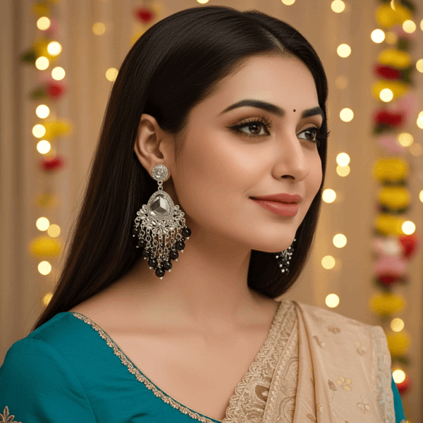 Tessara Silver-Plated Kundan Teardrop Earrings with Black Beaded Fringe