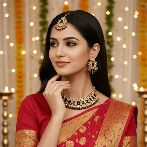 Tessara Gold-Plated Maroon & White Stone-Studded Jewellery Set