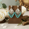 Tessara Silver-Plated Kundan Teardrop Earrings with Sky Blue Beaded Fringe