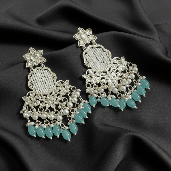Tessara Silver Kundan Chandeliers with Sea Green Beads