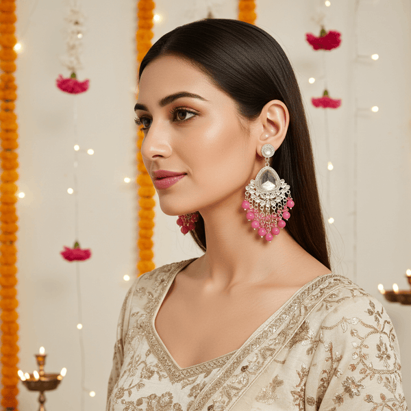 Tessara Silver-Plated Kundan Chandelier Earrings with Onion Pink Beaded Tassels