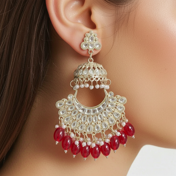 Tessara Gold Kundan Pearl Chandbali with Ruby Red Beads