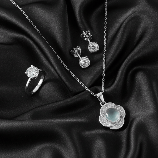 Tessara Silver-Plated Translucent Stone Floral & Solitaire Pendant Set with Ring