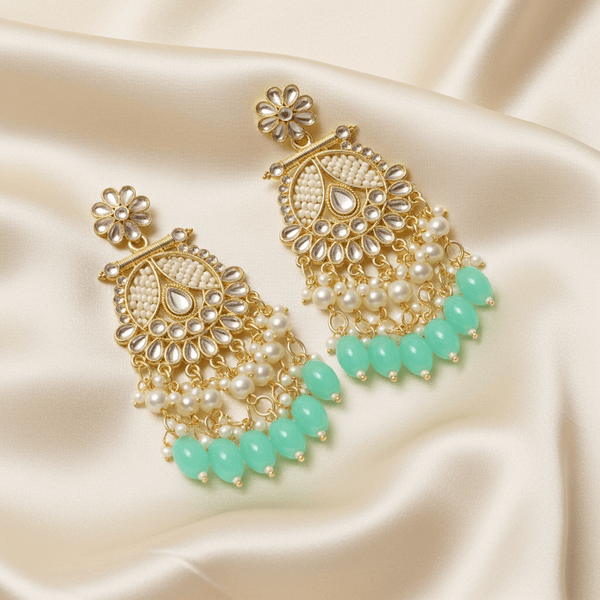 Tessara Gold-Plated Kundan & Pearl Chandbali Earrings with Sea Green Beads