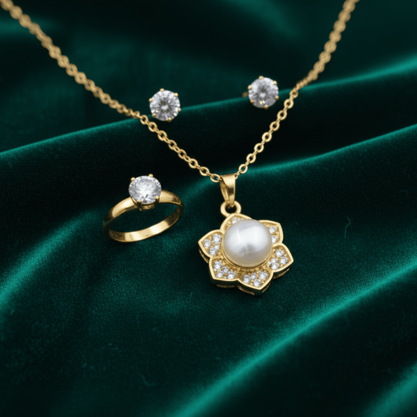 Tessara Gold-Plated Translucent Stone Floral & Solitaire Set