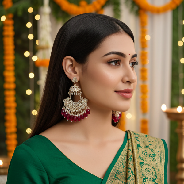 Tessara Gold Kundan Pearl Chandbali with Rani Pink Beads