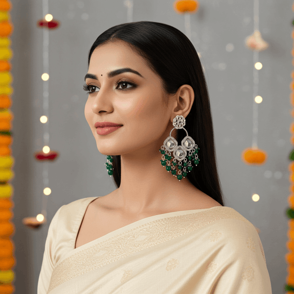 Tessara Silver-Plated Kundan Chandelier Earrings with Bottle Green Beaded Tassels